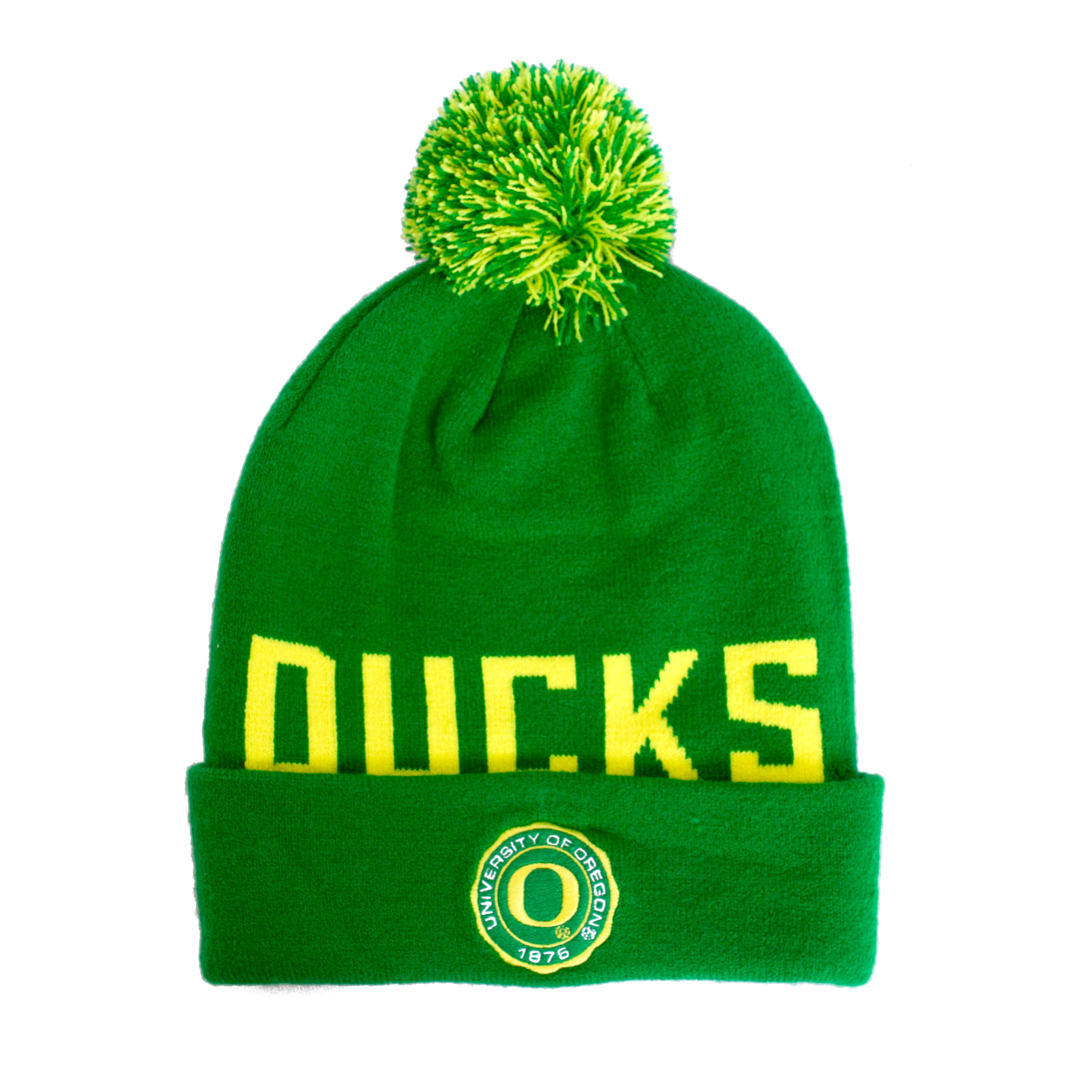 Classic Oregon O, Nike, Green, Beanie, Acrylic, Accessories, Unisex, Pom, Patch, University of Oregon, Hat, 812079